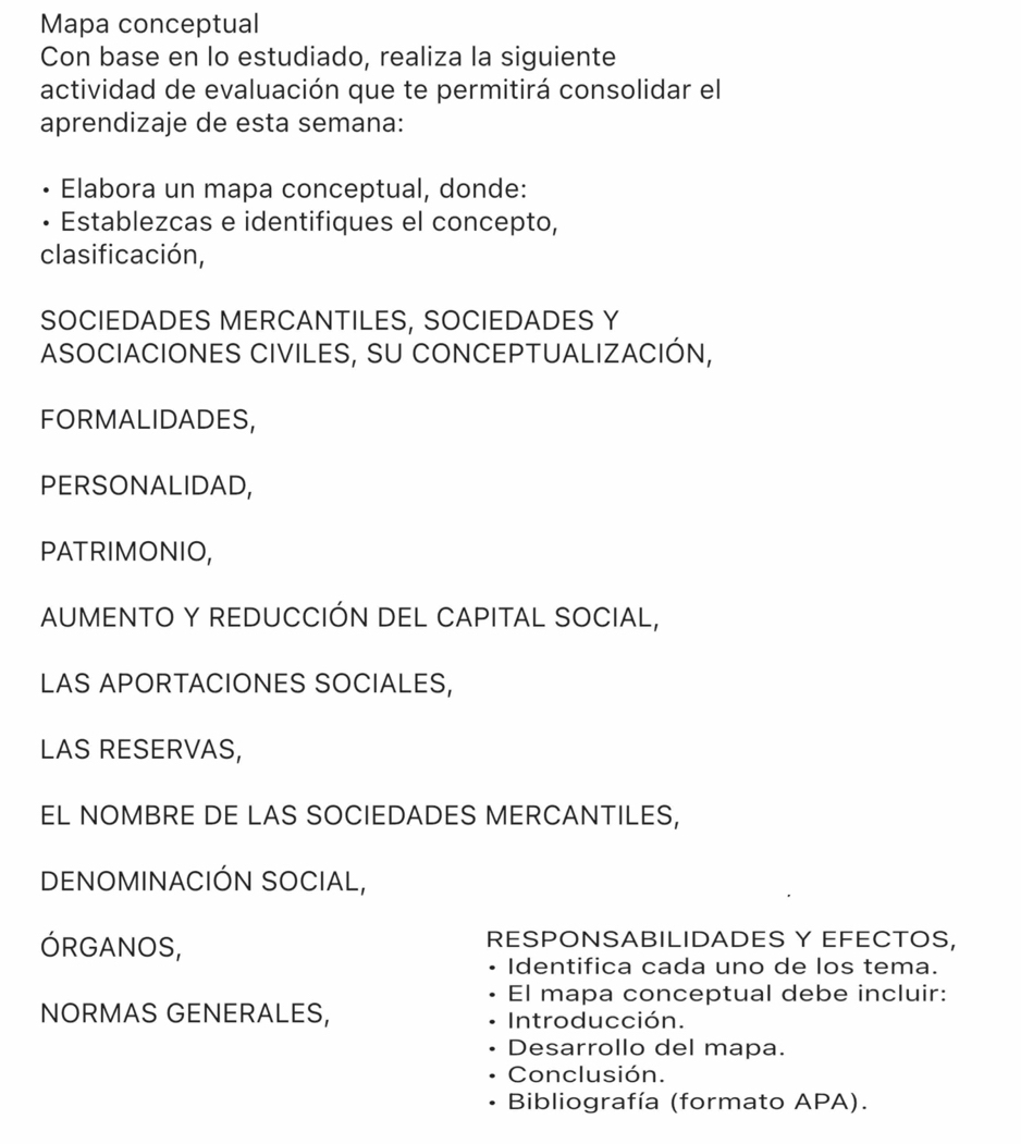 Mapa conceptual 
Con base en lo estudiado, realiza la siguiente 
actividad de evaluación que te permitirá consolidar el 
aprendizaje de esta semana: 
Elabora un mapa conceptual, donde: 
Establezcas e identifiques el concepto, 
clasificación, 
SOCIEDADES MERCANTILES, SOCIEDADES Y 
ASOCIACIONES CIVILES, SU CONCEPTUALIZACIÓN, 
FORMALIDADES, 
PERSONALIDAD, 
PATRIMONIO, 
AUMENTO Y REDUCCIÓN DEL CAPITAL SOCIAL, 
LAS APORTACIONES SOCIALES, 
LAS RESERVAS, 
EL NOMBRE DE LAS SOCIEDADES MERCANTILES, 
DENOMINACIÓN SOCIAL, 
ÓRGANOS, RESPONSABILIDADES Y EFECTOS, 
Identifica cada uno de los tema. 
El mapa conceptual debe incluir: 
NORMAS GENERALES, Introducción. 
Desarrollo del mapa. 
Conclusión. 
Bibliografía (formato APA).