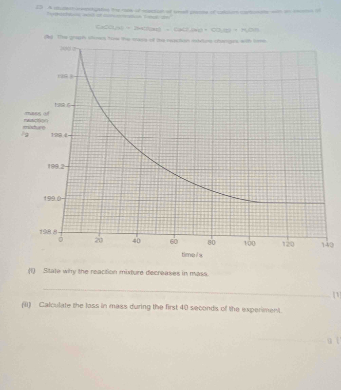 A catea inventigatins the rabe of eaction of small preons of colours cortoniats wih a vecsia o 
t y e c aosd af cncetes tehast cm
CaCO(g)+2HCl(aq)=CaCl_2(aq)+CO_2(g)+N_2(g)
(b) The graph 
0 
(i) State why the reaction mixture decreases in mass. 
_ 
[1] 
(ii) Calculate the loss in mass during the first 40 seconds of the experiment.