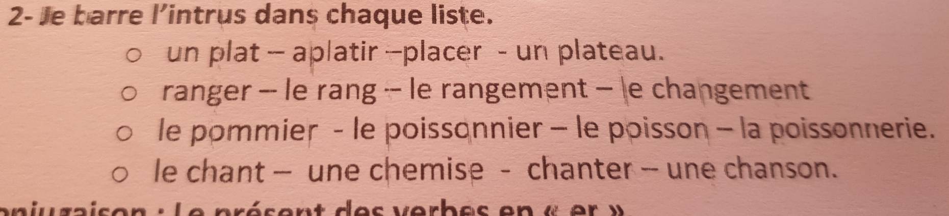 2- Je barre l'intrus dans chaque liste. 
un plat - aplatir -placer - un plateau. 
ranger - le rang − le rangement - |e changement 
le pommier - le poissonnier - le poisson - la poissonnerie. 
le chant — une chemise - chanter - une chanson. 
pn juzaison : Le présent des verbes en « e r »