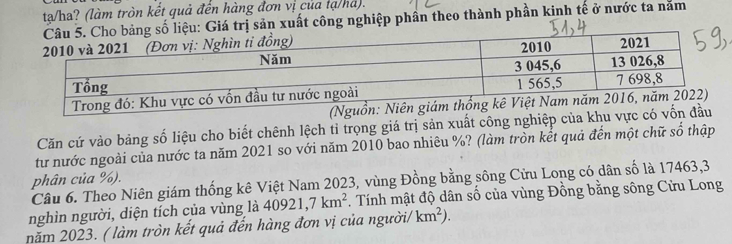 ta/ha? (làm tròn kết quả đến hàng đơn vị của tạ/ha). 
trị sản xuất công nghiệp phần theo thành phần kinh tế ở nước ta năm 
(Ngu 
Căn cứ vào bảng số liệu cho biết chênh lệch tỉ trọng giá trị sản xuất công nghiệp của khu vực có vốn đầu 
tư nước ngoài của nước ta năm 2021 so với năm 2010 bao nhiêu %? (làm tròn kết quả đến một chữ số thập 
phân của %). 
Câu 6. Theo Niên giám thống kê Việt Nam 2023, vùng Đồng bằng sông Cửu Long có dân số là 17463,3 
nghìn người, diện tích của vùng là 40921, 7km^2. Tính mật độ dân số của vùng Đồng bằng sông Cửu Long 
năm 2023. ( làm tròn kết quả đến hàng đơn vị của người/ km^2).