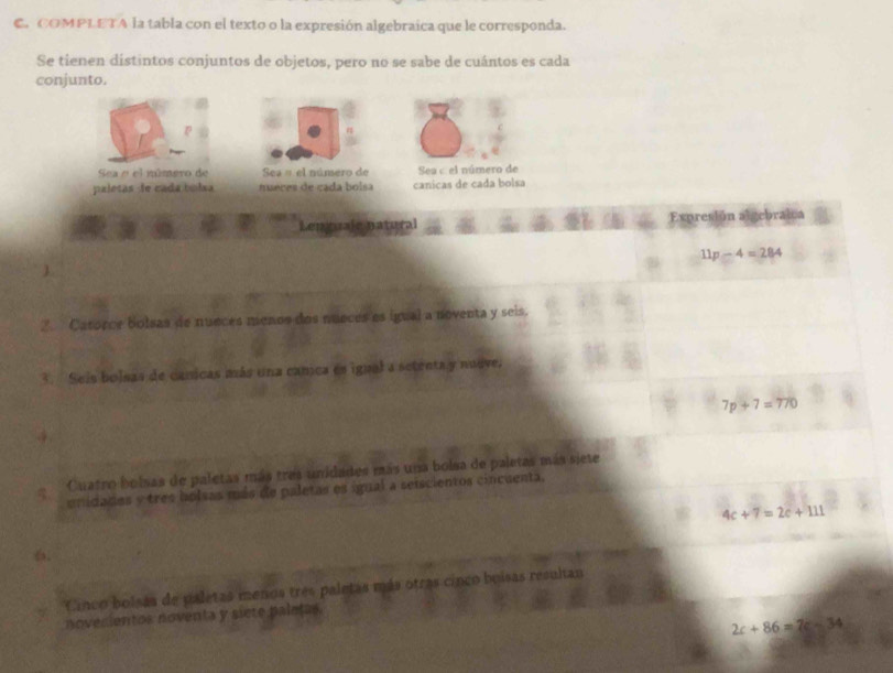 COMPLETA la tabla con el texto o la expresión algebraica que le corresponda.
Se tienen distintos conjuntos de objetos, pero no se sabe de cuántos es cada
conjunto.
Sea e el número de Sea = el núnsero de Sea c el número de
paletas -le cada tola canicas de cada bolsa
natural
Expresión algebratca
11p-4=284
2. Catorce bolsas de nueces menos dos nueces es igual a noventa y seis.
3. Seis bolsas de canicas más una camca es igual a setenta y nuuve.
7p+7=770
Cuatro bolsas de paletas más tras unidades más una bolsa de paletas más siete
unidades y tres bolsas más de paletas es igual a seiscientos cincuenta.
4c+7=2c+111
6.
Cinco bolsás de paletas menos tres paletas más otras cinco buisas resultan
noverientos noventa y siete paletas.
2c+86=7c-34