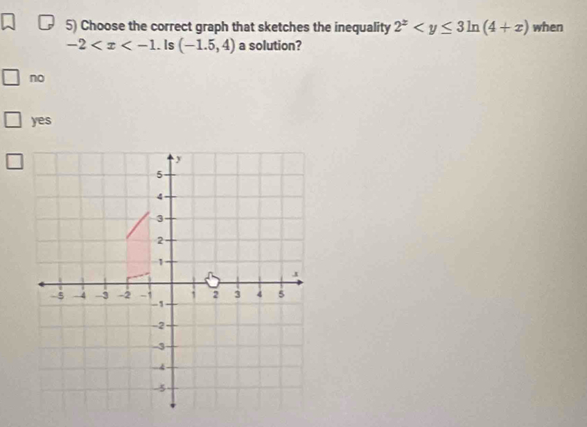 Choose the correct graph that sketches the inequality 2^x when
-2 . ls (-1.5,4) a solution?
no
yes