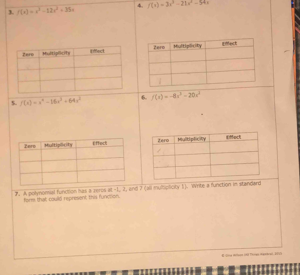 f(x)=3x^3-21x^2-54x
3. f(x)=x^3-12x^2+35x
5. f(x)=x^4-16x^3+64x^2
6. f(x)=-8x^3-20x^2
7. A polynomial function has a zeros at -1, 2, and 7 (all multiplicity 1). Write a function in standard 
form that could represent this function. 
© Gina Wilson (All Things Algebra), 2015