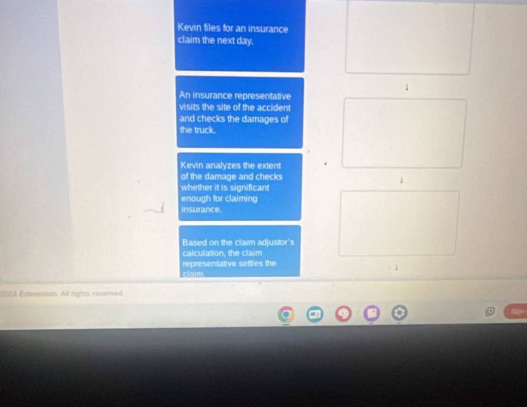 Kevin files for an insurance 
claim the next day. 
An insurance representative 
visits the site of the accident 
and checks the damages of 
the truck. 
Kevin analyzes the extent 
of the damage and checks 
1 
whether it is significant 
enough for claiming 
insurance. 
Based on the claim adjustor's 
calculation, the claim 
representative settles the 
1 
claim 
2024 Edmentum. All rights reserved