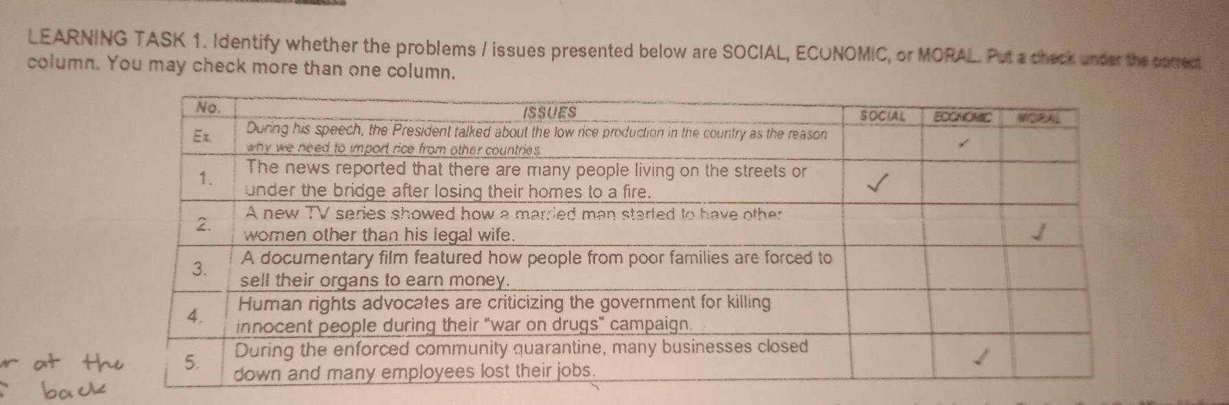 LEARNING TASK 1. Identify whether the problems / issues presented below are SOCIAL, ECONOMIC, or MORAL. Put a check under the correct
column. You may check more than one column.