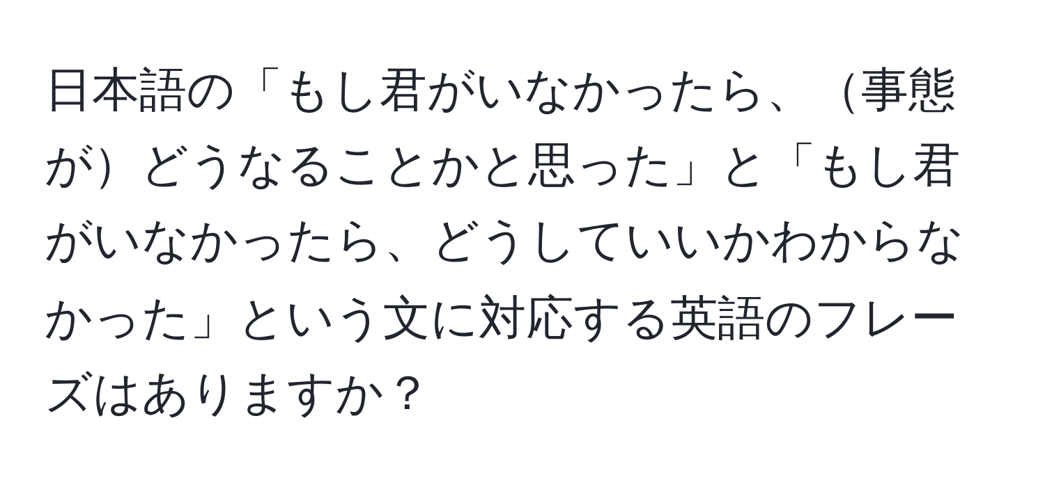 日本語の「もし君がいなかったら、事態がどうなることかと思った」と「もし君がいなかったら、どうしていいかわからなかった」という文に対応する英語のフレーズはありますか？