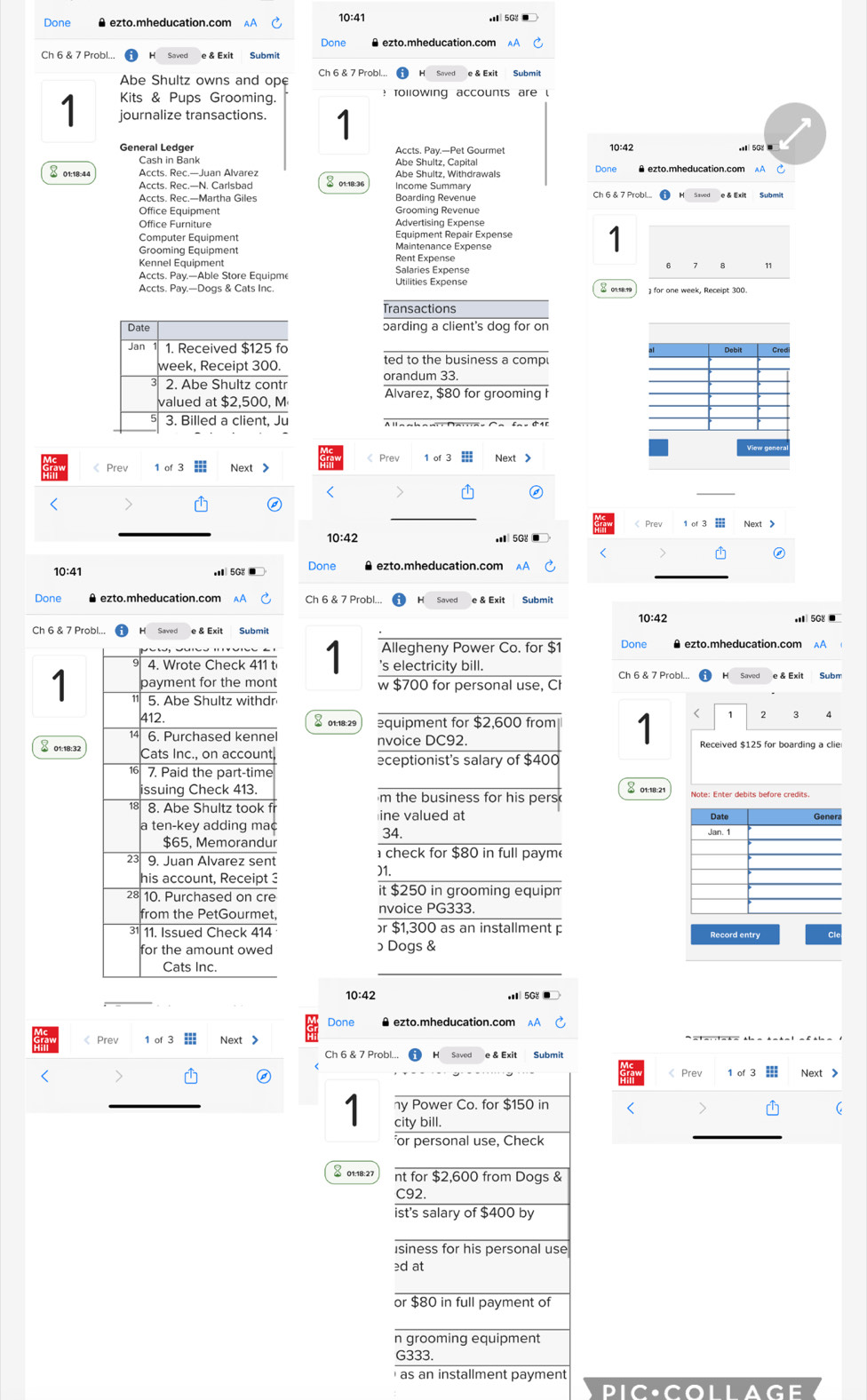 Done
Done  ezto.mheducation.com
e & Exit
Abe Shultz owns and ope Ch 6 & 7 Probl... e & Exit Submit
Kits & Pups Grooming.  tollowing accounts are ι
1 journalize transactions. 1
General Ledger Accts. Pay.—Pet Gourmet 10:42 = 5G =
Cash in Bank Abe Shultz, Capital
※ 01:18:44 Accts. Rec.—Juan Alvarez 8 01:18:36 Income Summary Abe Shultz, Withdrawals
Accts. Rec.—N. Carlsbad Boarding Revenue Ch 6 & 7 Probl..
Accts. Rec.—Martha Giles
Office Equipment Grooming Revenue
Office Furniture Advertising Expense
Computer Equipment Equipment Repair Expense
1
Grooming Equipment Maintenance Expense Rent Expense
Kennel Equipment Salaries Expense
Accts. Pay.—Able Store Equipme Utilities Expense
Accts. Pay.—Dogs & Cats Inc. % 01:18:15  for one week, Receipt 300
Transactions
barding a client's dog for on
ted to the business a comp
orandum 33.
Alvarez, $80 for grooming h
< Prev 1 of 3 Next > do 《 Prev 1 of 3 Next 
<
< Prev I Next 》
10:42 Ⅲ 5G%
< >
②
10:41 Done ezto.mheducation.com A
Done ezto.mheducation.com AA Ch 6 & 7 Probl... Submit
10:42  5G8 ●
Allegheny Power Co. for $1 Done
4. Wrote Check 411 t 1 's electricity bill. Ch 6 & 7 Probl...
1 payment for the mont w $700 for personal use, Ch
5. Abe Shultz withdr
412 § 01:18:29 equipment for $2,600 from 1
2 3
6. Purchased kennel nvoice DC92. Received $125 for boarding a clie
 01:18:32 Cats Inc., on account, eceptionist's salary of $400
7. Paid the part-time
issuing Check 413. m the business for his pers & 01:18:21
8. Abe Shultz took fr ine valued at
a ten-key adding mac 
34.
$65, Memorandur
check for $80 in full payme
23 9. Juan Alvarez sent )1.
his account, Receipt 3
28 10. Purchased on cre
it $250 in grooming equipm
from the PetGourmet, nvoice PG333.
11. Issued Check 414 r $1,300 as an installment p Record entry Cl
for the amount owed ɔ Dogs &
Cats Inç
10:42 . 5G
Done ezto.mheducation.com AA
Prev 1 of 3 Next >
Ch 6 & 7 Probl... Submit
< Prev
< 1 of 3 Next 》
1 ny Power Co. for $150 in <
city bill.
for personal use. Check
§ 01:18:27 nt for $2,600 from Dogs &
C92.
ist's salary of $400 by
Isiness for his personal use
ed at
or $80 in full payment of
n grooming equipment
G333.
as an installment payment
PIC·COLLAGE