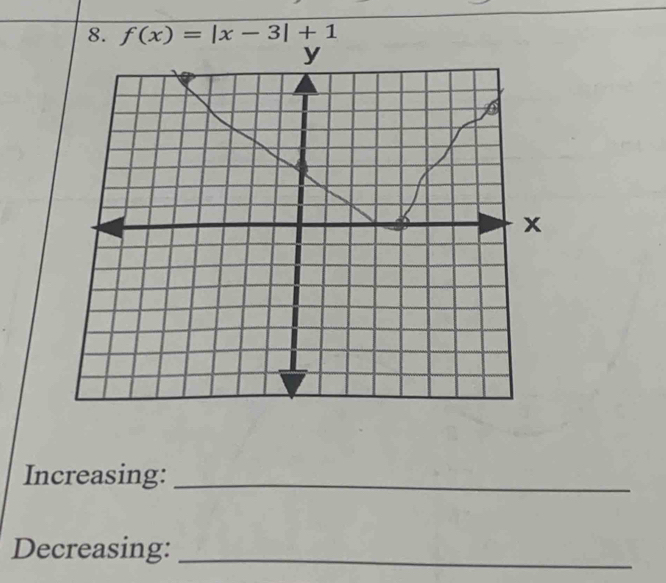 f(x)=|x-3|+1
Increasing:_ 
Decreasing:_