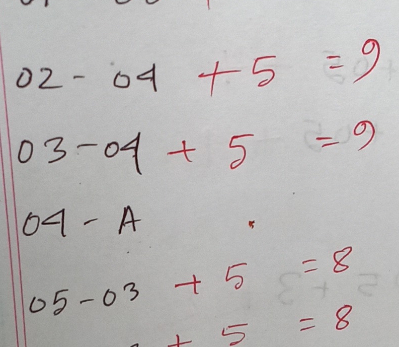 02-04+5=9
03-04+5=9
O4-A
05-03+5=8
+5=8