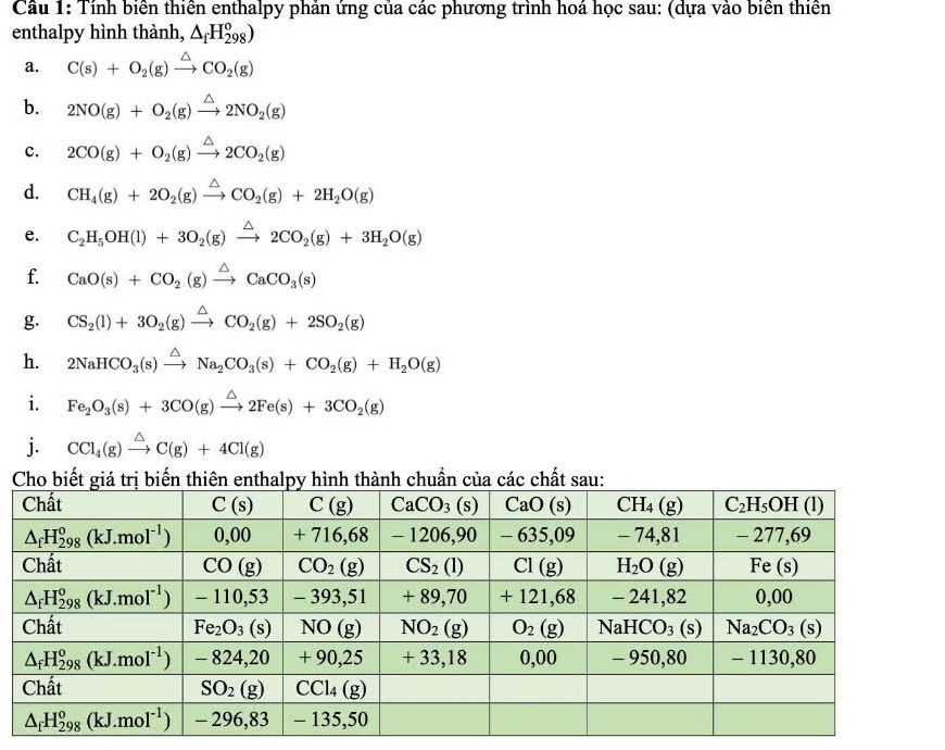 Cầu 1: Tính biển thiền enthalpy phản ứng của các phương trình hoá học sau: (dựa vào biển thiên
enthalpy hình thành, △ _fH_(298)^o)
a. C(s)+O_2(g)xrightarrow △ CO_2(g)
b. 2NO(g)+O_2(g)xrightarrow △ 2NO_2(g)
c. 2CO(g)+O_2(g)xrightarrow △ 2CO_2(g)
d. CH_4(g)+2O_2(g)xrightarrow △ CO_2(g)+2H_2O(g)
e. C_2H_5OH(l)+3O_2(g)xrightarrow △ 2CO_2(g)+3H_2O(g)
f. CaO(s)+CO_2(g)xrightarrow △ CaCO_3(s)
g. CS_2(l)+3O_2(g)xrightarrow △ CO_2(g)+2SO_2(g)
h. 2NaHCO_3(s)xrightarrow △ Na_2CO_3(s)+CO_2(g)+H_2O(g)
i. Fe_2O_3(s)+3CO(g)xrightarrow △ 2Fe(s)+3CO_2(g)
j. CCl_4(g)xrightarrow △ C(g)+4Cl(g)
ủa cc