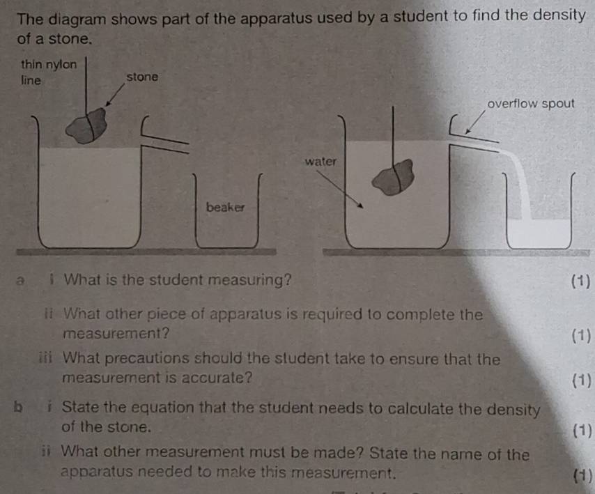 The diagram shows part of the apparatus used by a student to find the density 
of a stone. 
a I What is the student measuring? (1) 
ii What other piece of apparatus is required to complete the 
measurement? (1) 
iii What precautions should the student take to ensure that the 
measurement is accurate? (1) 
b State the equation that the student needs to calculate the density 
of the stone. (1) 
i What other measurement must be made? State the name of the 
apparatus needed to make this measurement. (1)