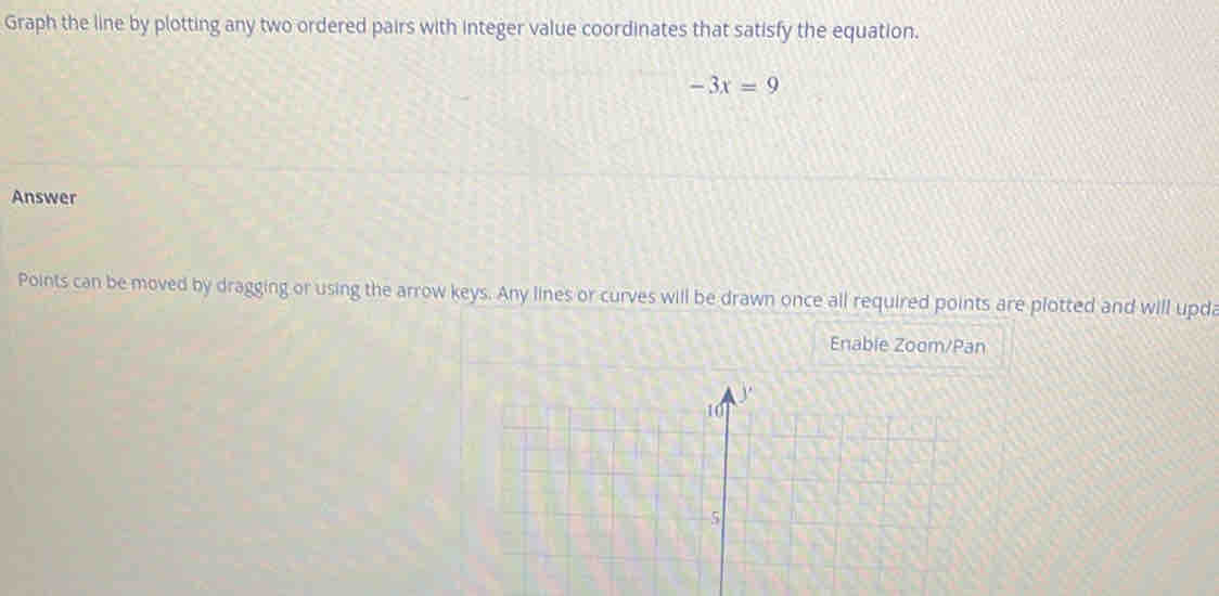 Graph the line by plotting any two ordered pairs with integer value coordinates that satisfy the equation.
-3x=9
Answer 
Points can be moved by dragging or using the arrow keys. Any lines or curves will be drawn once all required points are plotted and will upda 
Enable Zoom/Pan