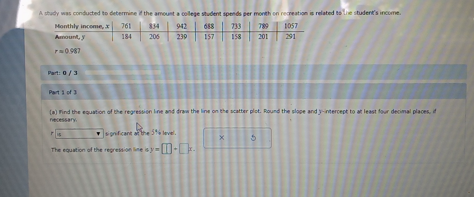 A study was conducted to determine if the amount a college student spends per month on recreation is related to the student's income. 
Monthly income, x 761 834 942 688 733 789 1057
Amount, y 184 206 239 157 158 201 291
rapprox 0.987
Part: 0 / 3 
Part 1 of 3 
(a) Find the equation of the regression line and draw the line on the scatter plot. Round the slope and v -intercept to at least four decimal places, if 
necessary. 
is significant at the 5% level. 
× 5 
The equation of the regression line is y=□ +□ x.
