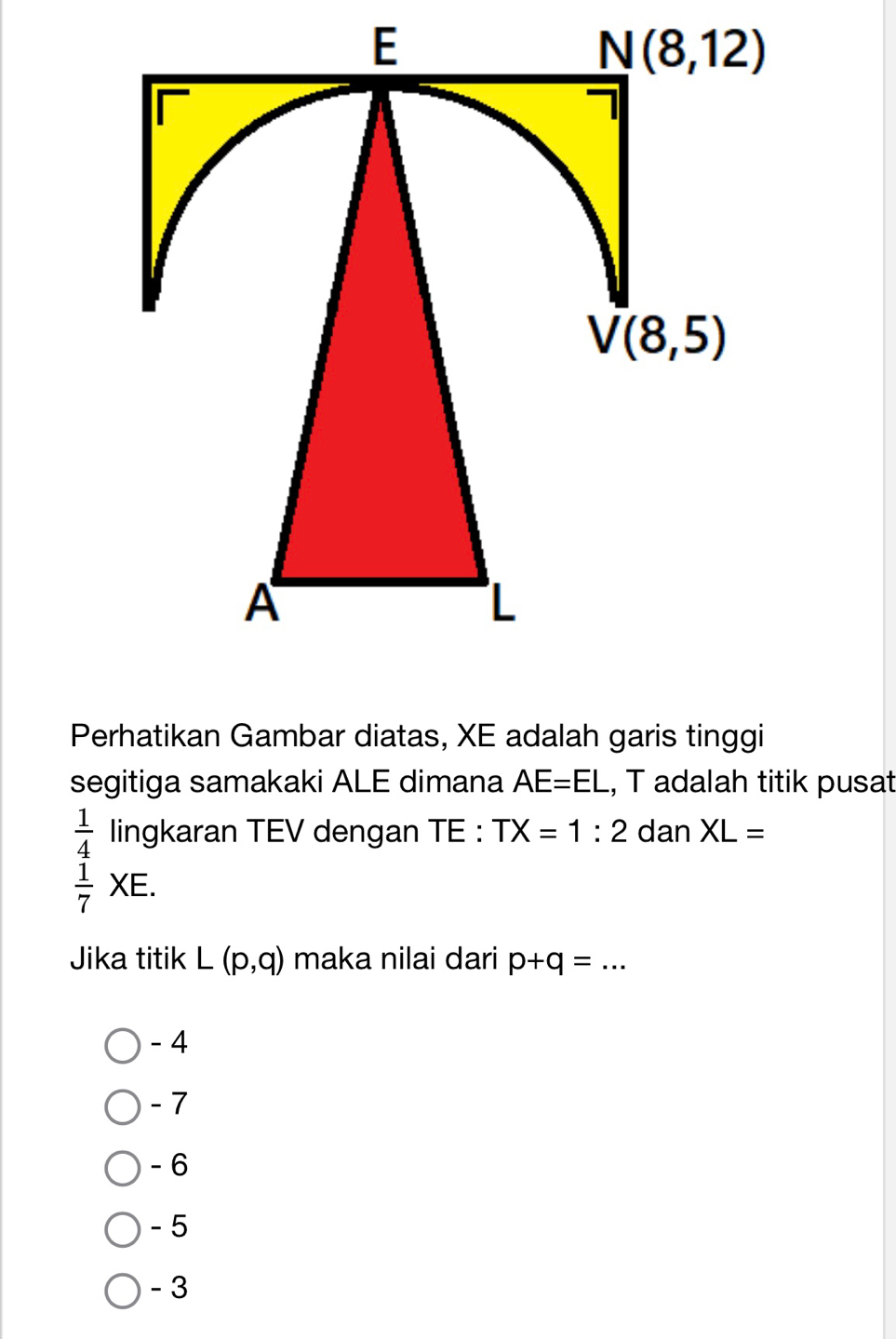 Perhatikan Gambar diatas, XE adalah garis tinggi
segitiga samakaki ALE dimana AE=EL , T adalah titik pusat
 1/4  lingkaran TEV dengan TE : TX=1:2 dan XL=
 1/7 XE.
Jika titik L(p,q) maka nilai dari p+q=...
- 4
- 7
-6
- 5
- 3