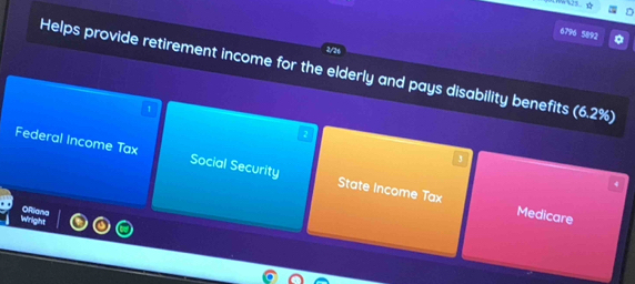 6796 5892
Helps provide retirement income for the elderly and pays disability benefits (6.2% )
Federal income Tax Social Security State Income Tax
Wright ORiana
Medicare