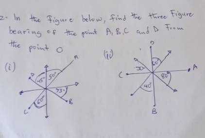 In the figure below, find the three Figure
bearing of the point A, B, C and D From
the point O (^10
(1)