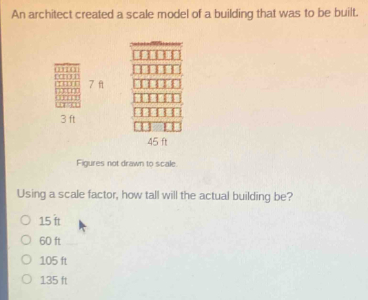 An architect created a scale model of a building that was to be built.
7 ft
3 ft
45 ft
Figures not drawn to scale.
Using a scale factor, how tall will the actual building be?
15 it
60 ft
105 ft
135 ft