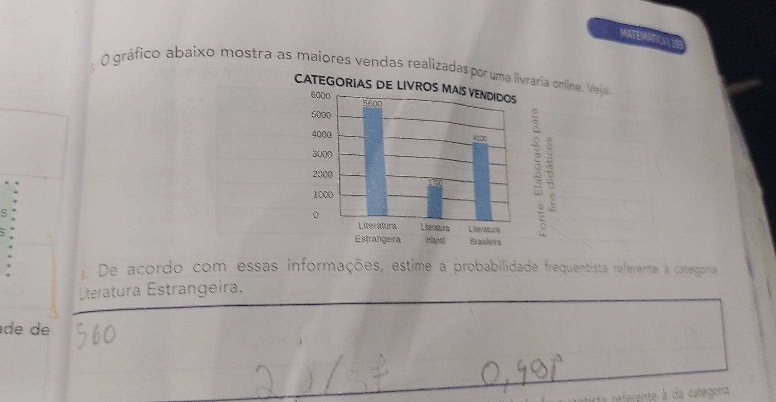 MATEMATICAL 2O 
O gráfico abaixo mostra as maiores vendas realizadas e. Veja. 
De acordo com essas informações, estime a probabilidade frequentista referente a categoria 
Literatura Estrangeira. 
de de 
referente à da categoria