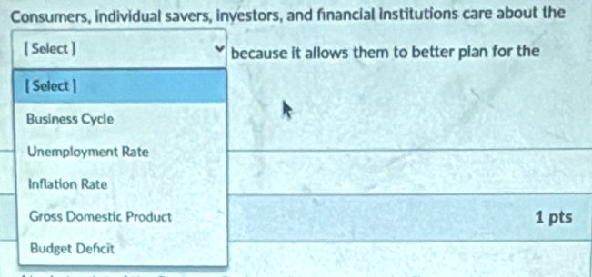 Consumers, individual savers, investors, and financial institutions care about the
[ Select ] because it allows them to better plan for the
[ Select ]
Business Cycle
Unemployment Rate
Inflation Rate
Gross Domestic Product 1 pts
Budget Dencit