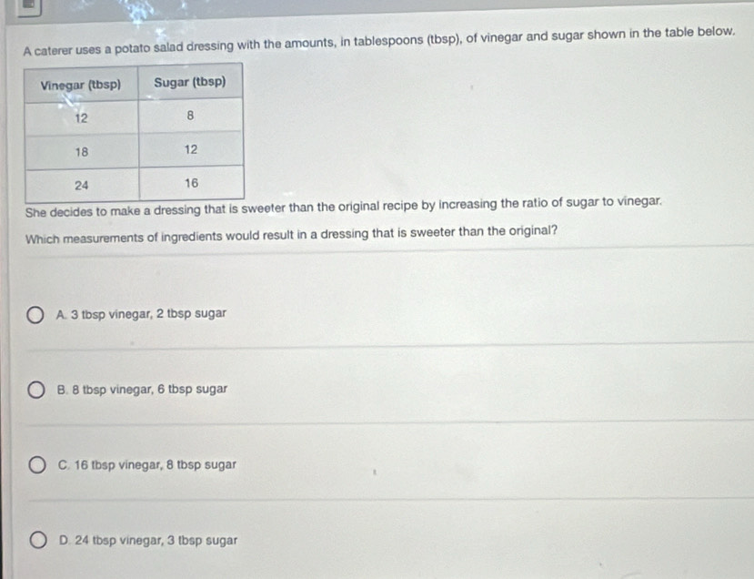 A caterer uses a potato salad dressing with the amounts, in tablespoons (tbsp), of vinegar and sugar shown in the table below.
She decides to make a dressing that is sweeter than the original recipe by increasing the ratio of sugar to vinegar.
Which measurements of ingredients would result in a dressing that is sweeter than the original?
A. 3 tbsp vinegar, 2 tbsp sugar
B. 8 tbsp vinegar, 6 tbsp sugar
C. 16 tbsp vinegar, 8 tbsp sugar
D. 24 tbsp vinegar, 3 tbsp sugar