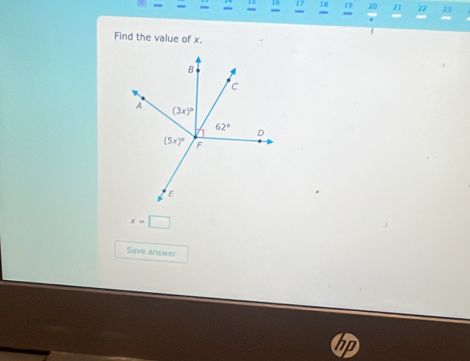 15 16 17 18 19 20 21 22 23
-
Find the value of x.
x=□
Save answer