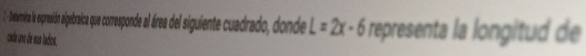 Determine la expresión agebraica que corresponde al área del siguiente cuadrado, donde L=2x-6 6 representa la longitud de 
cada uno de sus lados.