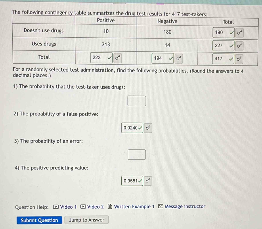 The following contingency table 
For a randomly selected test administration, find the following probabilities. (Round the answers to 4
decimal places.)
1) The probability that the test-taker uses drugs:
2) The probability of a false positive:
0.0240 sigma^6
3) The probability of an error:
4) The positive predicting value:
0.9551√ sigma^6
Question Help: Video 1  Video 2 a Written Example 1 Message instructor
Submit Question Jump to Answer