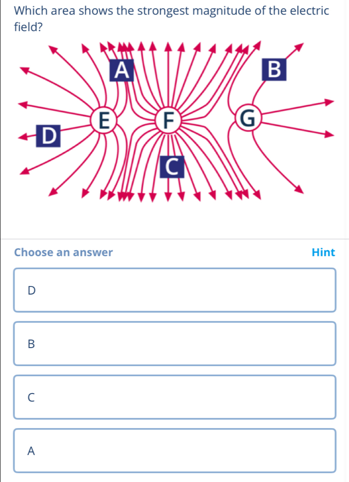 Which area shows the strongest magnitude of the electric
field?
Choose an answer Hint
D
B
C
A