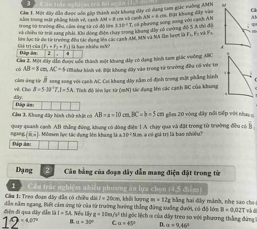 Câu trấc nghiệm trà lời ngăn (1,5 điểm)
Câu 1. Một dây dẫn được uốn gập thành một khung dây có dạng tam giác vuông AMN 
nằm trong mặt phầng hình vẽ, cạnh AM=8cm và cạnh 
trong từ trường đều, cảm ứng từ có độ lớn 3.10^(-3)T C có phương song song với cạnh AN AN=6cm 1. Đặt khung dây vào
và chiều từ trái sang phải. Khi dòng điện chay trong khung dây có cường độ 5 A thì độ
lớn lực từ do từ trường đều tác dụng lên các cạnh AM, MN và NA lần lượt là F_1,F_2 và F_3.
Giá trị của (F_1+F_2+F_3) là bao nhiêu mN? 
Câu 2. Một dây dẫn được uốn thành một khung dây có dạng hình tam giác vuông ABC 
có AB=8cm,AC=6 CMnhư hình vẽ. Đặt khung dây vào trong từ trường đều có véc tơ
cảm ứng từ overline B song song với cạnh AC. Coi khung dây nằm cố định trong mặt phầng hình
vê. Cho B=5· 10^(-3)T,I=5A
dây.  . Tính độ lớn lực từ (mN) tác dụng lên các cạnh BC của khung
Đáp án:
Câu 3. Khung dây hình chữ nhật có AB=a=10cm,BC=b=5cm gồm 20 vòng dây nổi tiếp với nhau 
quay quanh cạnh AB thẳng đứng, khung có dòng điện 1 A chạy qua và đặt trong từ trường đều có overline B_1
ngang. (vector B;vector n). Mômen lực tác dụng lên khung là a. 10^(-2)N· m a. a có giá trị là bao nhiêu?
Đáp án:
Dạng 2 Cân bằng của đoạn dây dẫn mang điện đặt trong từ
1  Câu trắc nghiệm nhiều phương án lựa chọn (4,5 điểm)
Câu 1: Treo đoạn dây dẫn có chiều dài I=20cm , khối lượng m=12g bằng hai dây mảnh, nhẹ sao cho 
dẫn nằm ngang, Biết cảm ứng từ của từ trường hướng thẳng đứng xuống dưới, có độ lớn B=0,02T và dì
điện đi qua dây dẫn là I=5A Nếu lấy g=10m/s^2 thì góc lệch α của dây treo so với phương thẳng đứng 
19 =4,07° B. alpha =30° C. alpha =45° D. alpha =9,46°