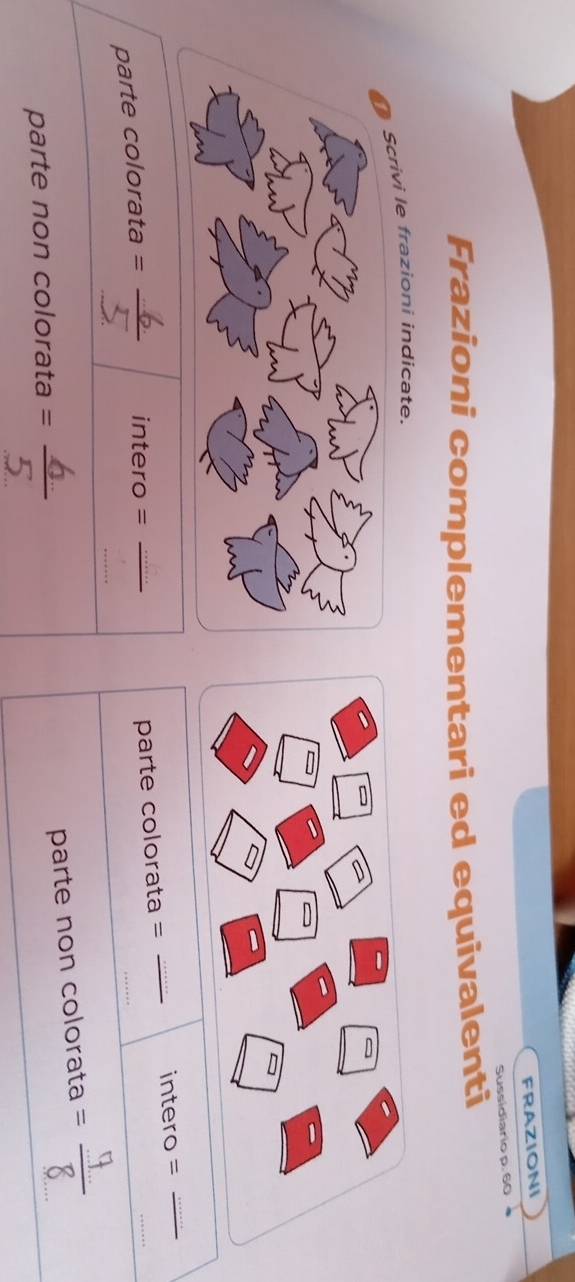 FRAZIONI 
Sussidiario p. 60
Frazioni complementari ed equivalenti 
Scrivi le frazioni indicate. 
_ 
_ 
parte colorata = _intero =_ 
_ 
_ 
parte colorata = 
intero = 
_ 
parte non colorata 
parte non colorata =