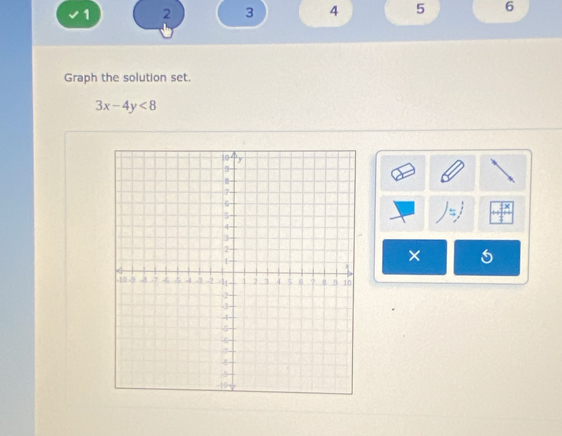 1 2 3 4 5 6 
Graph the solution set.
3x-4y<8</tex> 
×