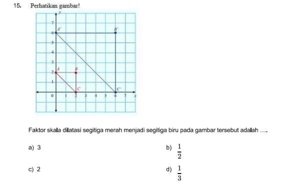 Perhatikan gambar!
Faktor skalla dilatasi segitiga merah menjadi segitiga biru pada gambar tersebut adalah ....
a) 3 b)  1/2 
c) 2 d)  1/3 