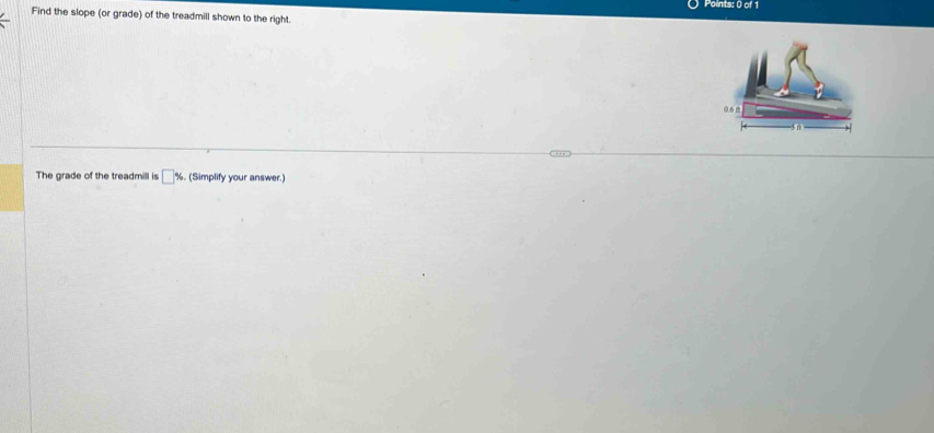 Find the slope (or grade) of the treadmill shown to the right. 
The grade of the treadmill is □ %. . (Simplify your answer.)