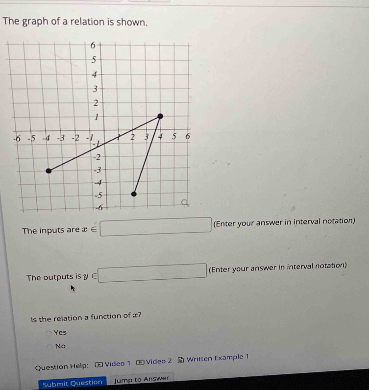 The graph of a relation is shown.
The inputs are x∈ □ (Enter your answer in interval notation)
The outputs is y∈ □ (Enter your answer in interval notation)
Is the relation a function of x?
Yes
No
Question Help: Video 1 Video 2 Written Example 1
Submit Question Jump to Answer