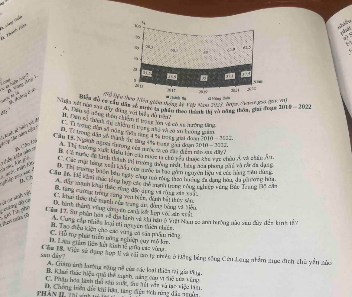 ng  l
C.
0. sóng thần
phát
D. Thanh Hóa
nhiều
a)s
b
C
Long.  c t hiện nay :
nước ta là D. Vũng Áng 1
D. đường ô tô
(Số liện giám thống kê Việt Nam 2023, https://www.gso.gov.vn)
Biểu đồ cơ cấu dân số nước ta phân theo thành thị và nông thôn, giai đoạn 2010 - 2022
Nhận xét nào sau đây đúng với biểu đồ trên?
đây?
A. Dân số nông thôn chiếm tị trọng lớn và có xu hướng tăng
B. Dân số thành thị chiếm tỉ trọng nhỏ và có xu hướng giảm.
h kinh tế biển và đã
C. Tỉ trọng dân số nông thôn tăng 4 % trong giai đoạn 2010 ~ 2022.
hiệp lâu năm cận 1
D. Tỉ trọng dân số thành thị tăng 4% trong giai đoạn 2010 - 2022
Câu 15. Ngành ngoại thương của nước ta có đặc điểm nào sau đây?
0, nước mặn lớn # điều kiện nào sa D. Côn Đả
A. Thị trường xuất khẩu lớn của nước ta chủ yếu thuộc khu vực châu Á và châu hat Au.
B. Cả nước đã hình thành thị trường thống nhất, hàng hóa phong phú và rất đa dạng.
ah sâu, kín gió. C. Các mặt hàng xuất khẩu của nước ta bao gồm nguyên liệu và các hàng tiêu dùng.
D. Thị trường buôn bán ngày càng mở rộng theo hướng đa dạng hóa, đa phương hóa.
D. Ch
nghiệp nào sau  Câu 16. Đề khai thác tổng hợp các thế mạnh trong nông nghiệp vùng Bắc Trung Bộ cần
A. đầy mạnh khai thác rừng đặc dụng và rừng sản xuất.
B. tăng cường trồng rừng ven biển, đánh bắt thủy sản.
2 cường độ ca di cư sinh vật
C. khai thác thế mạnh của trung du, đồng bằng và biển.
D. hình thành vùng chuyên canh kết hợp với sản xuất.
theơ mùa rõ Tgió Tín pho Câu 17. Sự phân hóa về địa hình và khí hậu ở Việt Nam có ảnh hưởng nào sau đây đến kinh tế?
A. Cung cấp nhiều loại tài nguyên thiên nhiên.
B. Tạo điều kiện cho các vùng có sản phầm riêng.
C. Hỗ trợ phát triển nông nghiệp quy mô lớn.
D. Làm giảm liên kết kinh tế giữa các vùng.
Câu 18. Việc sử dụng hợp lí và cải tạo tự nhiên ở Đồng bằng sông Cửu Long nhằm mục đích chủ yếu nào
sau đây?
A. Giảm ảnh hưởng nặng nề của các loại thiên tai gia tăng.
B. Khai thác hiệu quả thế mạnh, nâng cao vị thế của vùng.
C. Phân hóa lãnh thổ sản xuất, thu hút vốn và tạo việc làm.
D. Chống biến đổi khí hậu, tăng diện tích rừng đầu nguồn.
PHẢN II. Thí sinh trở