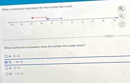 Wte a subitaction expression /or the number line r nven 
Which subtraction expression does the number line model show?
(A 2 -3
B. -6 -3
C. 3 -3
D -3 -3