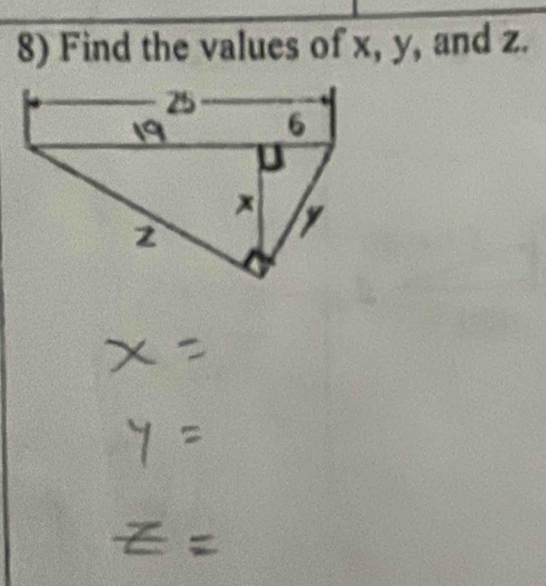 Find the values of x, y, and z.