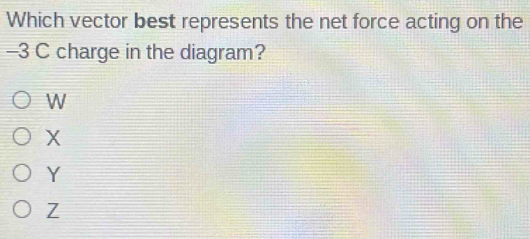 Which vector best represents the net force acting on the
-3 C charge in the diagram?
W
X
Y
Z