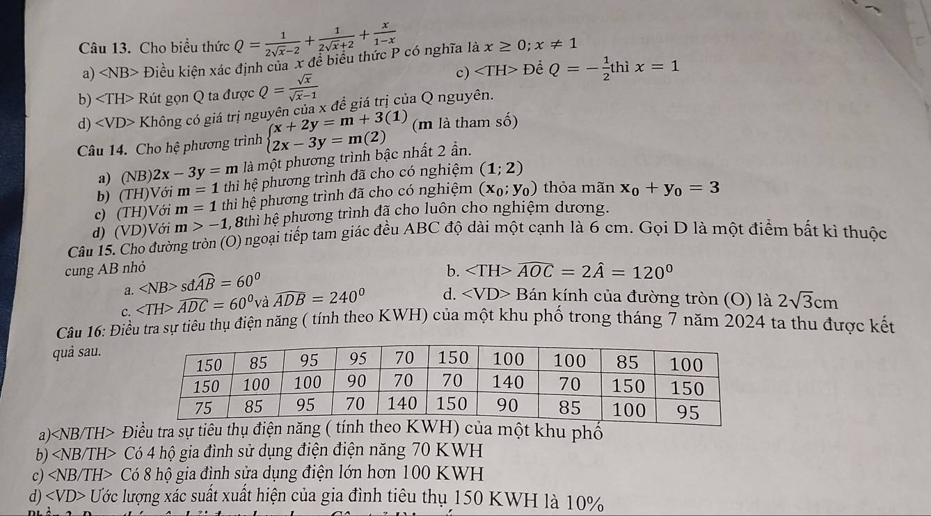 Cho biểu thức Q= 1/2sqrt(x)-2 + 1/2sqrt(x)+2 + x/1-x 
a) Điều kiện xác định của x để biểu thức P có nghĩa là x≥ 0;x!= 1
c) E Để Q=- 1/2 thix=1
b) Rút gọn Q ta được Q= sqrt(x)/sqrt(x)-1 
d) Không có giá trị nguyên của xdhat e giá trị của Q nguyên.
Câu 14. Cho hệ phương trình beginarrayl x+2y=m+3(1) 2x-3y=m(2)endarray. (m là tham số)
a) T NB) 2x-3y=m là một phương trình bậc nhất 2 ần.
b) (TH)Với m=1 thì hệ phương trình đã cho có nghiệm (1;2)
c) (TH)Với m=1 thì hệ phương trình đã cho có nghiệm (x_0;y_0) thỏa mãn x_0+y_0=3
d) (VD)Với m>-1 , 8thì hệ phương trình đã cho luôn cho nghiệm dương.
Câu 15. Cho đường tròn (O) ngoại tiếp tam giác đều ABC độ dài một cạnh là 6 cm. Gọi D là một điểm bắt kỉ thuộc
cung AB nhỏ b. widehat AOC=2hat A=120°
a. sdwidehat AB=60°
C. widehat ADC=60° và widehat ADB=240°
d. ∠ VD>B án kính của đường tròn (O) là 2sqrt(3)cm
Câu 16: Điều tra sự tiêu thụ điện năng ( tính theo KWH) của một khu phố trong tháng 7 năm 2024 ta thu được kết
quả sau.
a) Điều tra sự tiêu th khu phố
b) Có 4 hộ gia đình sử dụng điện điện năng 70 KWH
c) Có 8 hộ gia đình sửa dụng điện lớn hơn 100 KWH
d) Ước lượng xác suất xuất hiện của gia đình tiêu thụ 150 KWH là 10%