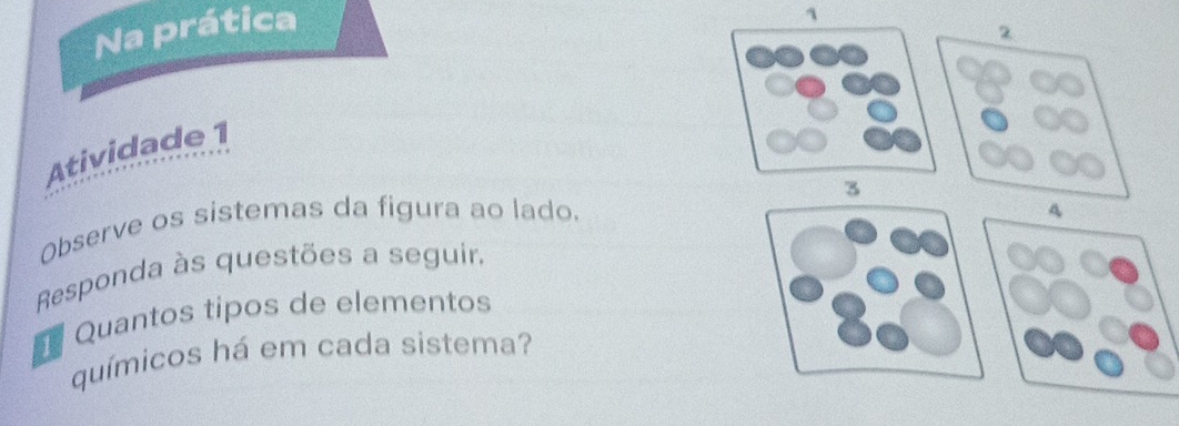 Na prática 
2 
Atividade 1 
A 
Observe os sistemas da figura ao lado. 
Responda às questões a seguir. 
Quantos tipos de elementos 
químicos há em cada sistema?