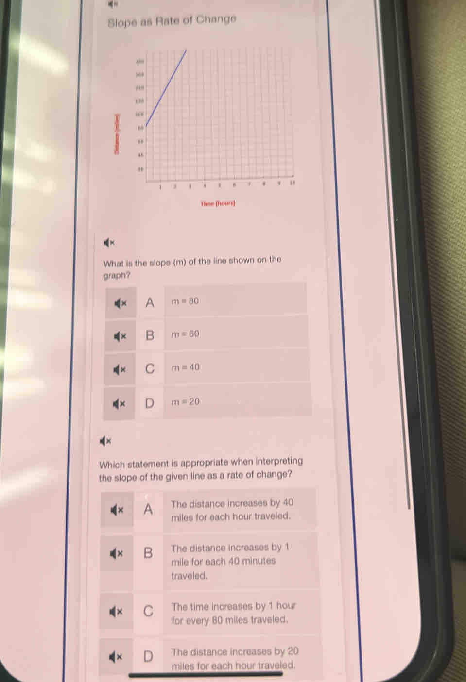 Slope as Rate of Change
Time (hours)
What is the slope (m) of the line shown on the
graph?
A m=80
B m=60
C m=40
m=20
Which statement is appropriate when interpreting
the slope of the given line as a rate of change?
A The distance increases by 40
miles for each hour traveled.
B The distance increases by 1
mile for each 40 minutes
traveled.
C The time increases by 1 hour
for every 80 miles traveled.
The distance increases by 20
miles for each hour traveled.