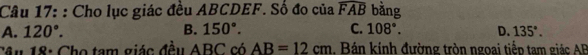 Cho lục giác đều ABCDEF. Số đo của widehat FAB bằng
A. 120°. B. 150°. C. 108°. D. 135°. 
Câu 18: Cho tam giác đều ABC có AB=12cm.Bán kính đường tròn ngoại tiển tam giác AB