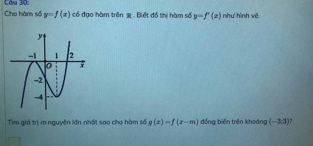 Cho hàm số y=f(x) có đạo hàm trên R. Biết đồ thị hàm số y=f'(x) như hình vẽ. 
Tìm giá trị m nguyên lớn nhất sao cho hàm số g(x)=f(x-m) đồng biến trên khoảng (-3;3) ?