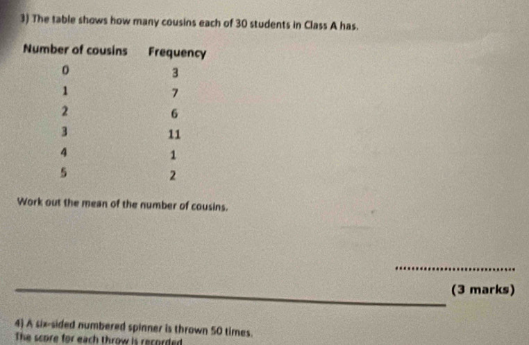 The table shows how many cousins each of 30 students in Class A has. 
Work out the mean of the number of cousins. 
_ 
_ 
_(3 marks) 
4) A six-sided numbered spinner is thrown 50 times. 
The score for each throw is recorded