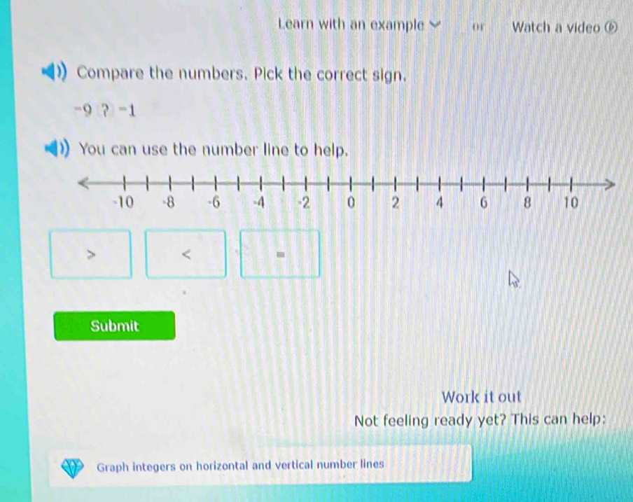 Learn with an example or Watch a video ⑥
Compare the numbers. Pick the correct sign.
-9 (?) -1
You can use the number line to help.

<
Submit
Work it out
Not feeling ready yet? This can help:
Graph integers on horizontal and vertical number lines