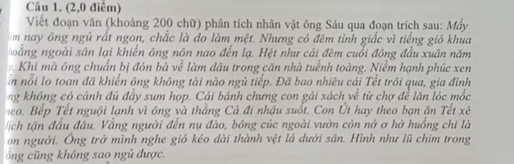 (2,0 điểm) 
Viết đoạn văn (khoảng 200 chữ) phân tích nhân vật ông Sáu qua đoạn trích sau: Mấy 
m nay ông ngủ rất ngon, chắc là do làm mệt. Nhưng có đêm tinh giắc vì tiếng gió khua 
hoắng ngoài sân lại khiến ông nôn nao đến lạ. Hệt như cái đêm cuối đông đầu xuân năm 
y. Khi mà ông chuẩn bị đón bà về làm dầu trong căn nhà tuểnh toàng. Niềm hạnh phúc xen 
in nỗi lo toan đã khiến ông không tài nào ngủ tiếp. Đã bao nhiêu cái Tết trôi qua, gia đình 
ong không có cảnh đủ đây sum họp. Cái bánh chưng con gái xách về từ chợ để lăn lóc mốc 
meo. Bếp Tết nguội lạnh vì ông và thằng Cả đi nhậu suốt. Con Út hay theo bạn ăn Tết xê 
ịch tận đầu đầu. Vắng người đến nụ đào, bông cúc ngoài vườn còn nở ơ hờ huống chi là 
con người. Ông trở mình nghe gió kéo dài thành vệt lá dưới sân. Hình như lũ chim trong 
T ổng cũ ng không sao ngủ được.