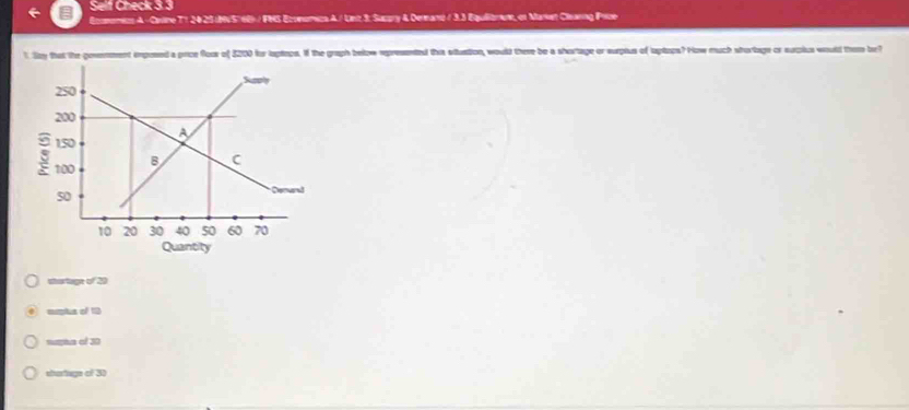 Self Check 3.3
Ecommezs A - Ciine T7 20 25(57 68) / FNS Econumica A./ Unz 3: Sucpry & Demand / 3.3 Equiiomun, of Maret Clearing Prze
1. Sy that the govenment enposed a price floox of 3200 for laptops. If the graph below rpresented tha situation, would there be a shortage or surplus of laptops? How much shortage or surplus would them be?
stortage of 20
emptus of 10
supta of 30
shartage of 3)