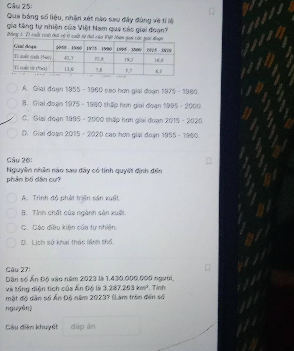 Qua bảng số liệu, nhận xét nào sau đây đúng về tỉ lệ
gia tăng tự nhiện cứa Việt Nam qua các giai đoạn?
Bằng 5. Tỉ suất sinh thổ và tí su
A. Giai đoạn 1955 - 1960 cao hơn giai đoạn 1975 = 1980.
B. Giai đoạn 1975 - 1980 thấp hơn giai đoạn 1 1895-2000.
C. Giai đoạn 1995 - 2000 thấp hơn giai đoạn 2015-2020.
D. Giai đoạn 2015 - 2020 cao hơn giai đoạn 1855-1860. 
Câu 26:
Nguyên nhân nào sau đây có tính quyết định đến
phân bố dân cư?
A. Trình độ phát triển sản xuất.
B. Tính chất của ngành sản xuất.
C. Các điều kiện của tự nhiện.
D. Lịch sứ khai thác lãnh thổ.
Câu 27:
Dân số Ấn Độ vào năm 2023 là 1.430.000.000 người,
và tổng diện tích của Ấn Độ là : a 3.287.263km^2. Tính
mật độ dân số Ấn Độ năm 2023? (Làm tròn đến số
nguyên)
Cầu điễn khuyết đáp án