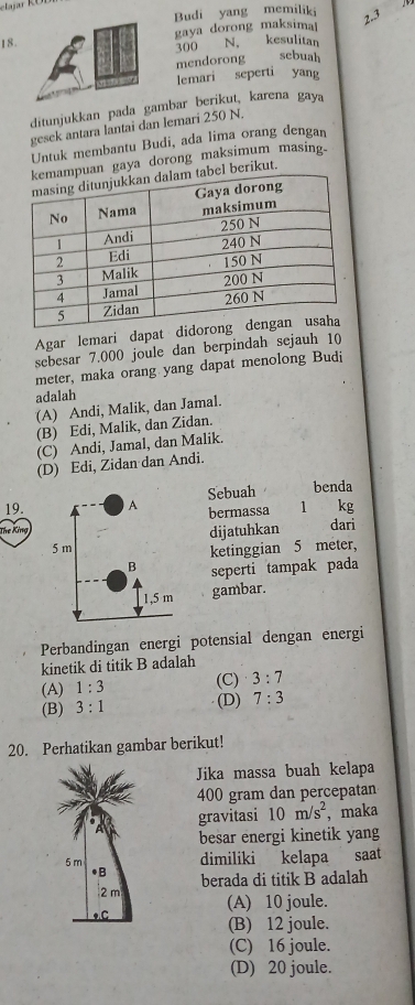 Budi yang memiliki
18.gaya dorong maksima
300 N. kesulitan
mendorong sebuah
lemari seperti yang
ditunjukkan pada mbar berikut, karena gaya
gesek antara lantai dan lemari 250 N.
Untuk membantu Budi, ada lima orang dengan
uan gaya dorong maksimum masing_
el berikut.
Agar lemari dapat di
sebesar 7.000 joule dan berpindah sejauh 10
meter, maka orang yang dapat menolong Budi
adalah
(A) Andi, Malik, dan Jamal.
(B) Edi, Malik, dan Zidan.
(C) Andi, Jamal, dan Malik.
(D) Edi, Zidan dan Andi.
19.Sebuah benda
The Kingbermassa 1 kg
dijatuhkan dari
ketinggian 5 meter,
seperti tampak pada
gambar.
Perbandingan energi potensial dengan energi
kinetik di titik B adalah
(A) 1:3 (C) 3:7
(B) 3:1 (D) 7:3
20. Perhatikan gambar berikut!
Jika massa buah kelapa
400 gram dan percepatan
gravitasi 10m/s^2 , maka
besar energi kinetik yang
dimiliki kelapa saat
5 m ●B
2 m berada di titik B adalah
(A) 10 joule.
,C
(B) 12 joule.
(C) 16 joule.
(D) 20 joule.