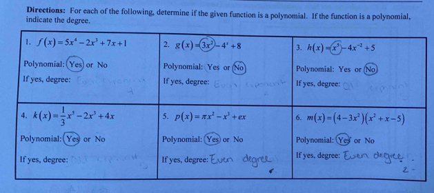 Directions: For each of the following, determine if the given function is a polynomial. If the function is a polynomial,
indicate the degree.